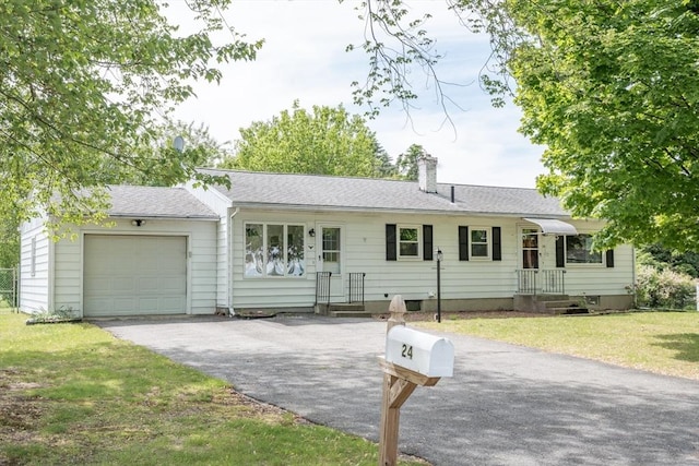 24 Harwich Rd, East Longmeadow, MA 01028 - ranch-style house featuring driveway, a chimney, an attached garage, a front yard, and a shingled roof