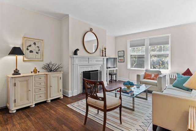 living room with wood finished floors, a fireplace, and baseboards