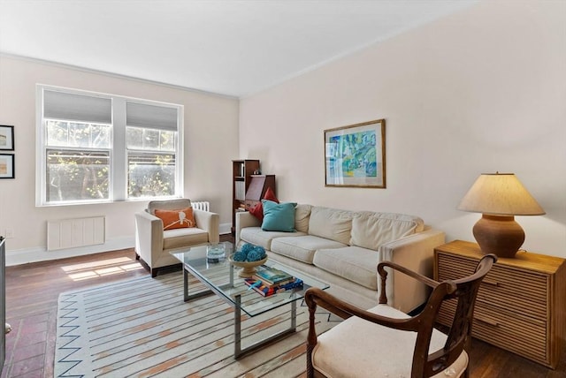 living room featuring wood finished floors and baseboards