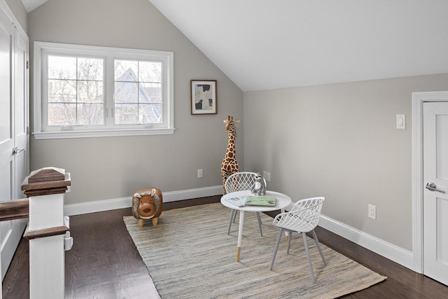 living area with lofted ceiling and dark hardwood / wood-style floors