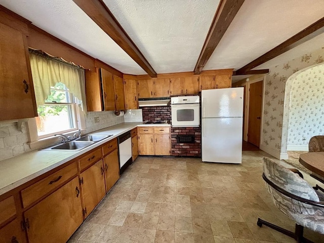20 Birch St, Acushnet, MA 02743 - kitchen with white appliances, a sink, under cabinet range hood, light countertops, and beam ceiling