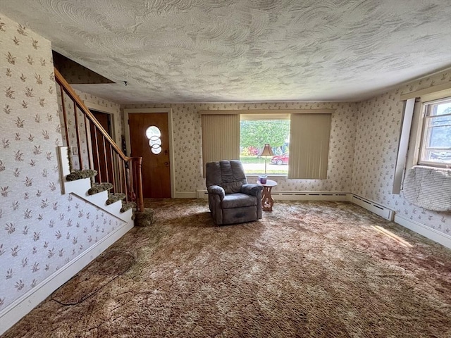 20 Birch St, Acushnet, MA 02743 - sitting room featuring wallpapered walls, a textured ceiling, stairs, baseboards, and carpet