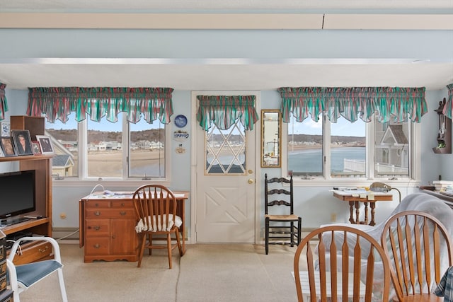 dining room featuring a water view and plenty of natural light