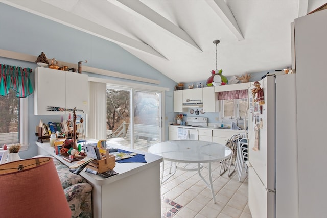 kitchen with white appliances, vaulted ceiling with beams, hanging light fixtures, white cabinets, and light tile patterned flooring