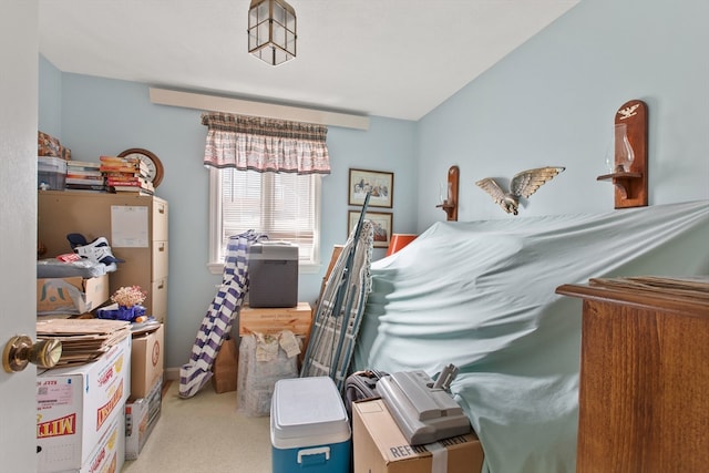 bedroom with light colored carpet