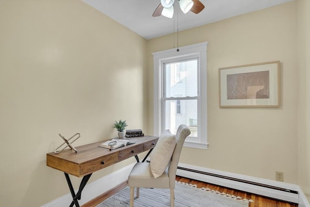 office space featuring hardwood / wood-style flooring, ceiling fan, and a baseboard radiator