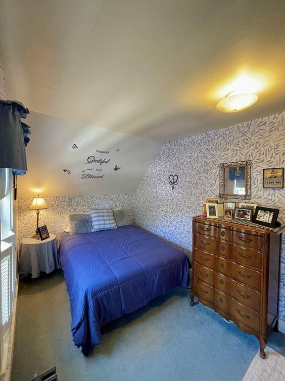 27 Springvale Ave, Lynn, MA 01904 - carpeted bedroom featuring wallpapered walls and vaulted ceiling
