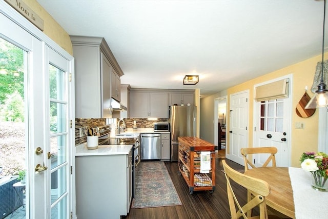 21 Flintlock Ridge Rd, Cohasset, MA 02025 - kitchen featuring appliances with stainless steel finishes, gray cabinetry, light countertops, tasteful backsplash, and dark wood finished floors