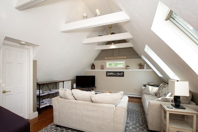 21 Flintlock Ridge Rd, Cohasset, MA 02025 - living room with dark wood finished floors, a skylight, and a baseboard heating unit