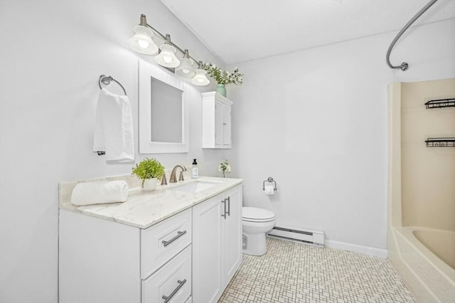 full bathroom with baseboard heating, toilet, vanity, tile patterned floors, and bathing tub / shower combination