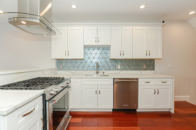 kitchen featuring stainless steel appliances, island range hood, sink, dark hardwood / wood-style floors, and white cabinetry