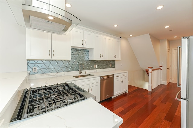 kitchen featuring sink, decorative backsplash, dishwasher, dark hardwood / wood-style flooring, and range hood