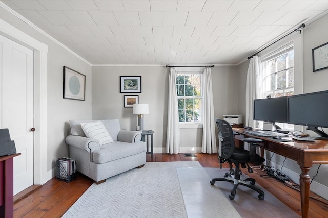 office featuring ornamental molding, dark hardwood / wood-style floors, and plenty of natural light