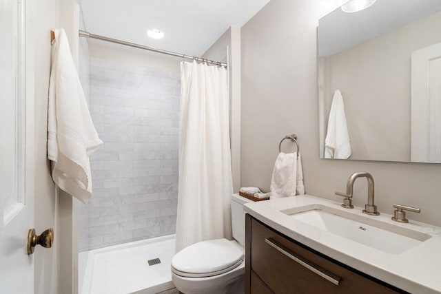 bathroom featuring vanity, toilet, and a shower with shower curtain