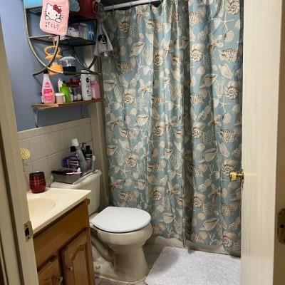 bathroom with a shower with curtain, vanity, toilet, and tile walls