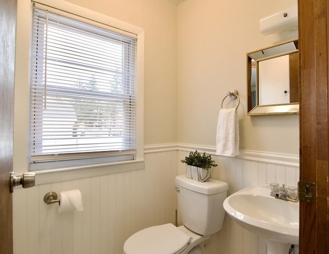 half bathroom featuring toilet, a sink, and wainscoting