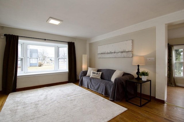 living room with baseboards and wood finished floors