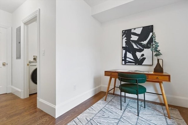 197 Winchester St Unit 197, Brookline, MA 02446 - office with washer / clothes dryer, wood finished floors, and baseboards