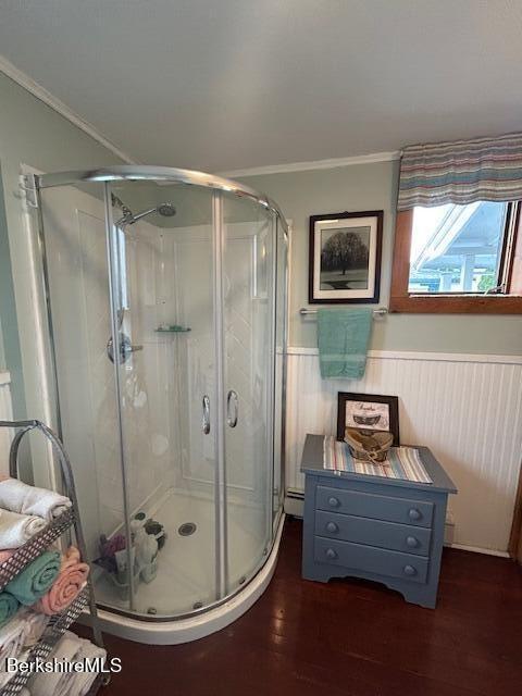 21 River St, North Adams, MA 01247 - full bath featuring crown molding, wood finished floors, a stall shower, and wainscoting