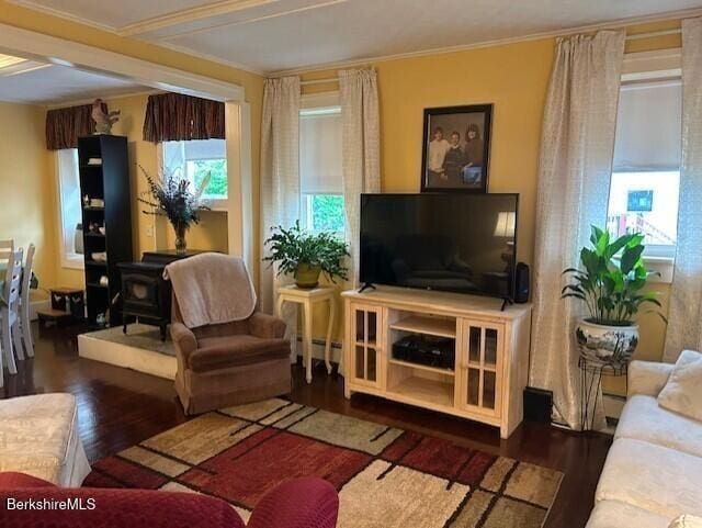 21 River St, North Adams, MA 01247 - living area featuring wood finished floors, a wood stove, a baseboard heating unit, and ornamental molding