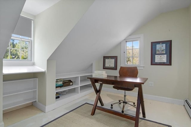 office featuring baseboards, vaulted ceiling, and baseboard heating