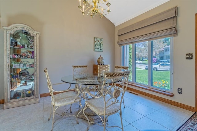 tiled dining space with a notable chandelier, baseboards, vaulted ceiling, visible vents, and ornamental molding