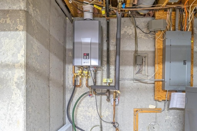 utilities featuring electric panel and tankless water heater