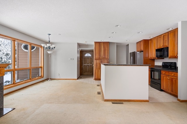 kitchen featuring light carpet, an inviting chandelier, hanging light fixtures, and black appliances