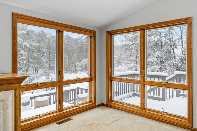 unfurnished sunroom featuring vaulted ceiling and a wealth of natural light