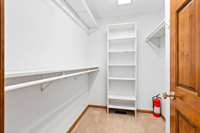 spacious closet featuring light colored carpet