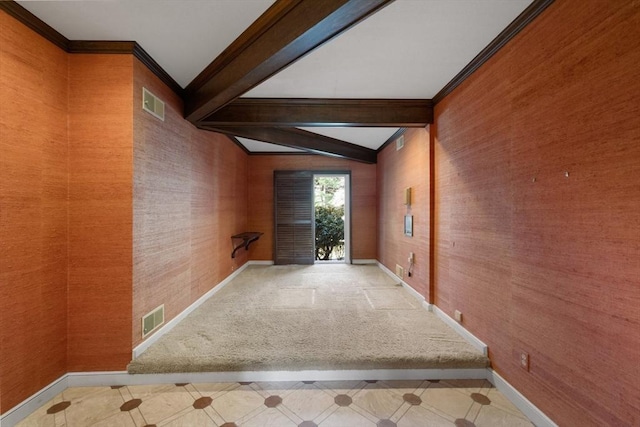 21 Wildewood Dr, Lynnfield, MA 01940 - hallway featuring visible vents, baseboards, vaulted ceiling with beams, and wallpapered walls