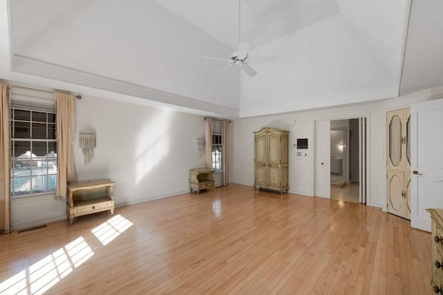 21 Wildewood Dr, Lynnfield, MA 01940 - interior space featuring light wood-style flooring, high vaulted ceiling, ceiling fan, and visible vents