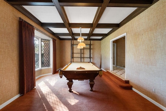 21 Wildewood Dr, Lynnfield, MA 01940 - rec room featuring baseboards, beamed ceiling, carpet flooring, coffered ceiling, and pool table