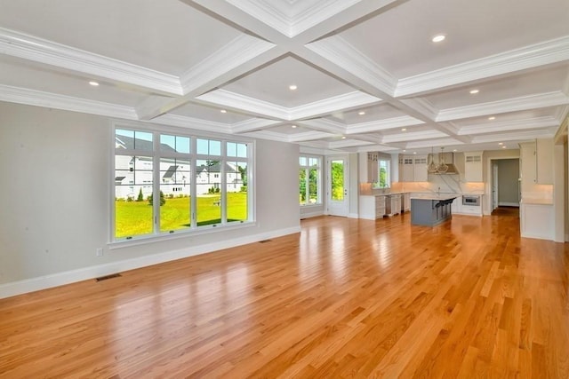 7 Stage Coach Rd, Lexington, MA 02421 - unfurnished living room featuring visible vents, coffered ceiling, light wood-type flooring, and beam ceiling