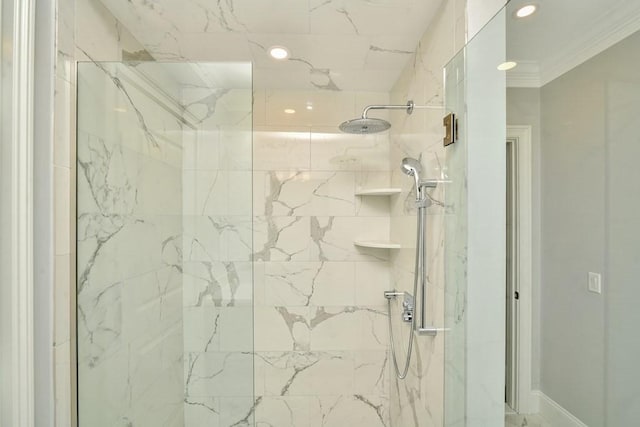 7 Stage Coach Rd, Lexington, MA 02421 - bathroom featuring a marble finish shower, recessed lighting, and crown molding