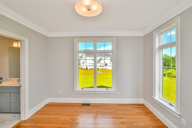 empty room with sink, light wood-type flooring, and ornamental molding