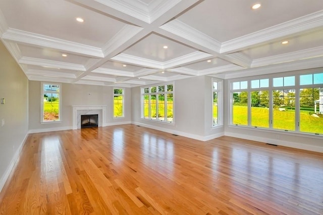 7 Stage Coach Rd, Lexington, MA 02421 - unfurnished living room featuring light wood finished floors, baseboards, recessed lighting, beam ceiling, and coffered ceiling