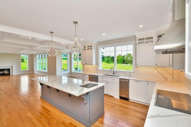 7 Stage Coach Rd, Lexington, MA 02421 - kitchen featuring a sink, stainless steel dishwasher, open floor plan, wall chimney range hood, and light wood-style floors