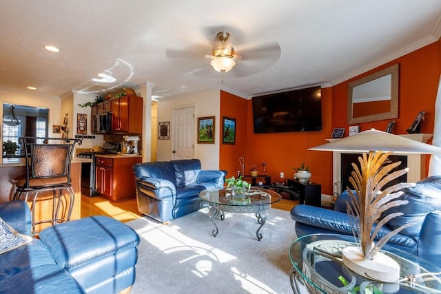 41 Whispering Pine Cir Unit 41, Worcester, MA 01606 - living area with ceiling fan, crown molding, ornate columns, light wood-style flooring, and recessed lighting