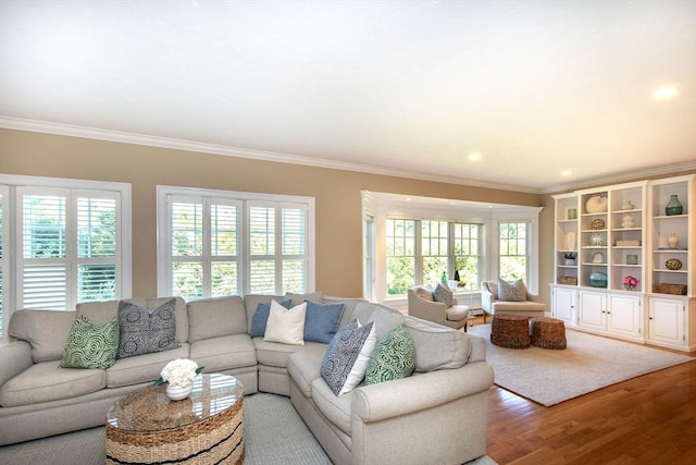 living area with ornamental molding, recessed lighting, and wood finished floors