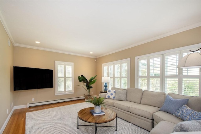 living room with crown molding, a baseboard radiator, recessed lighting, wood finished floors, and baseboards