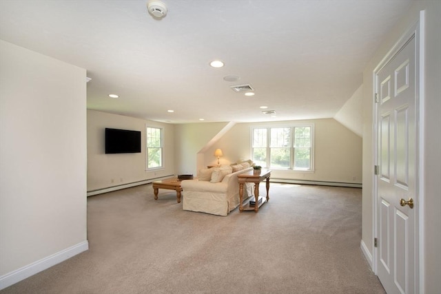 living room featuring a baseboard radiator, light colored carpet, and visible vents