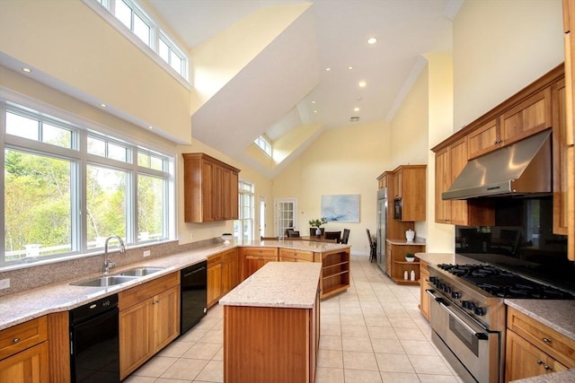 kitchen with premium appliances, a center island, light tile patterned flooring, a sink, and under cabinet range hood