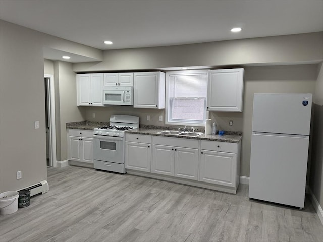 78 Thomas, Fall River, MA 02723 - kitchen with white appliances, a sink, white cabinetry, light wood-style floors, and recessed lighting