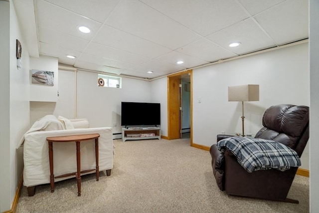 51 Burget Ave, Medford, MA 02155 - living room with carpet, recessed lighting, baseboards, a baseboard heating unit, and a paneled ceiling