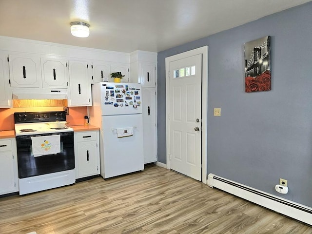 3 Main St, Spencer, MA 01562 - kitchen featuring white appliances, a baseboard heating unit, under cabinet range hood, and white cabinetry