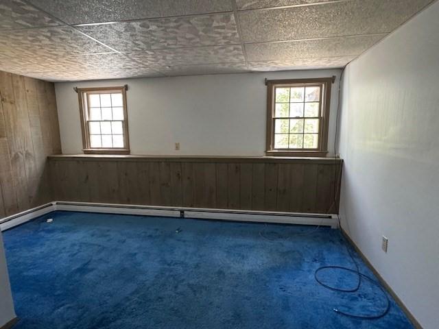 below grade area with a healthy amount of sunlight, carpet floors, wood walls, and a paneled ceiling