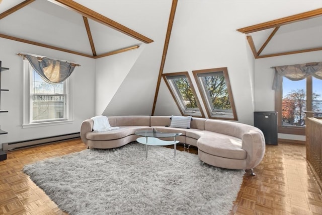 living room with a baseboard heating unit, high vaulted ceiling, and light parquet floors