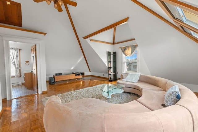 living room featuring baseboard heating, a healthy amount of sunlight, high vaulted ceiling, and light parquet floors