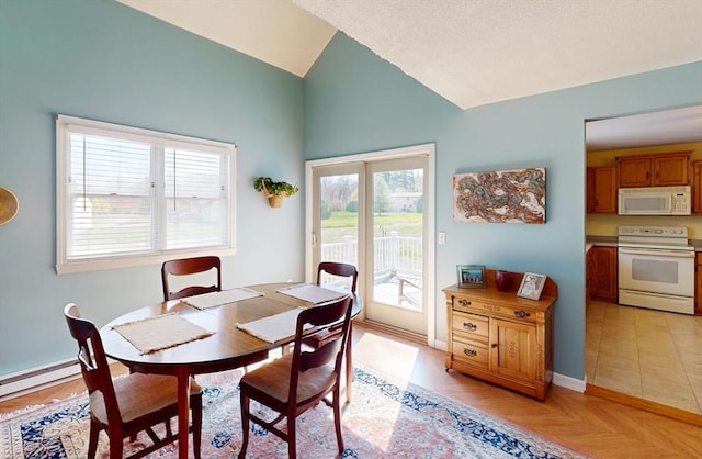 dining space with baseboards, lofted ceiling, and a healthy amount of sunlight